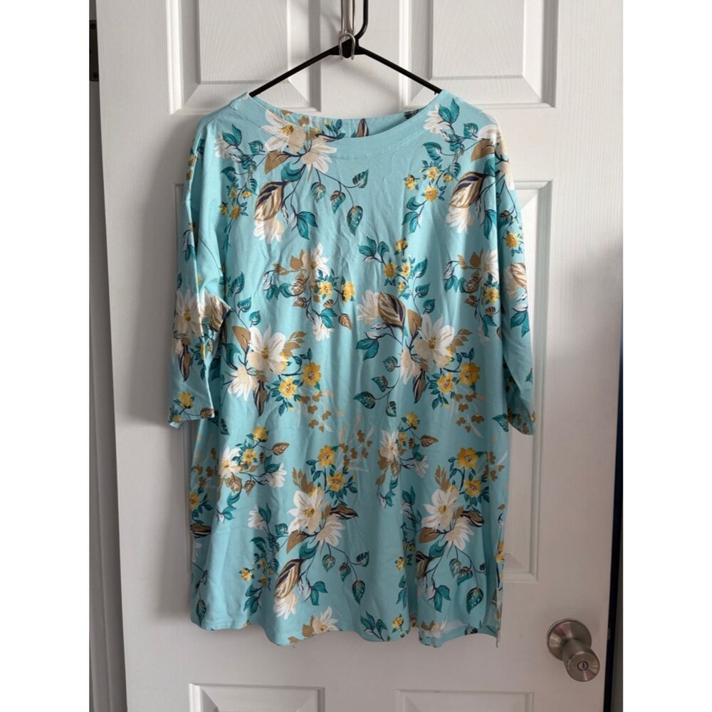 J. Jill Floral Pleat-Back Tunic Luxe Supima Boho 3/4 Sleeve Top